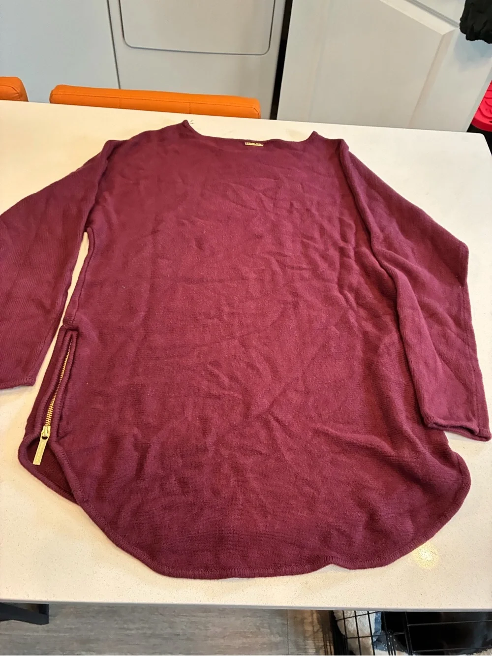 Michael Kors Womens Burgundy Knit Crewneck Pullover Sweater Logo Zip Accent L
